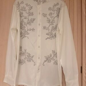 Women's White Button-Down Shirt with Gray Botanical Embroidery